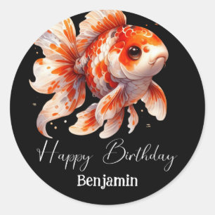 Pegatina Redonda Cumpleaños personalizado de pez dorado moderno sim
