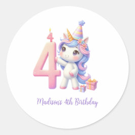 Pegatina Redonda Cumpleaños personalizado de Unicornio 4º cuarto pa