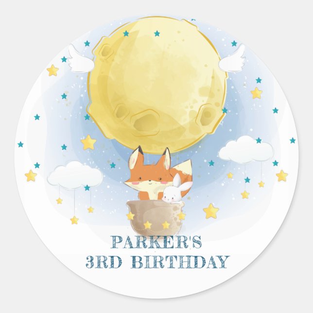 Pegatina Redonda Cumpleaños personalizado del globo aerostático lun (Anverso)