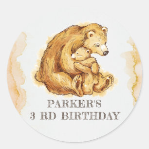Pegatina Redonda Cumpleaños personalizado del oso acuarela