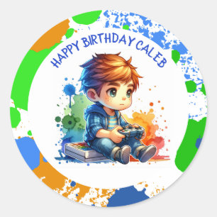 Pegatina Redonda Cumpleaños personalizado para niños que juegan vid