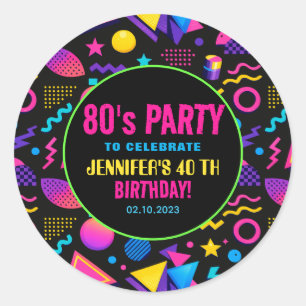 Pegatina Redonda Cumpleaños personalizado retro neón 80’s - Diversi