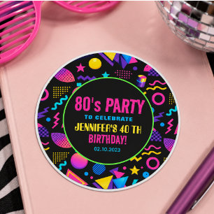 Pegatina Redonda Cumpleaños personalizado retro neón 80’s - Diversi