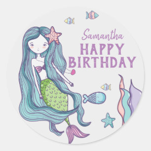Pegatina Redonda Cumpleaños Personalizado Sirena Feliz