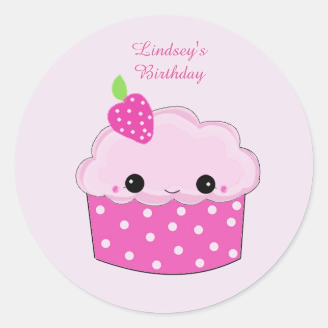 Pegatina Redonda Cumpleaños Personalizado Smiley Cupcake (Anverso)