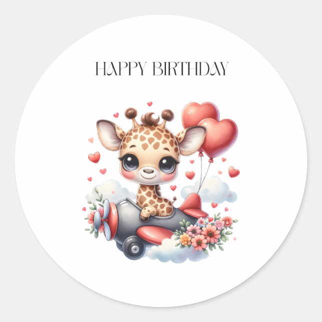 Pegatina Redonda Cumpleaños piloto jirafa (Anverso)