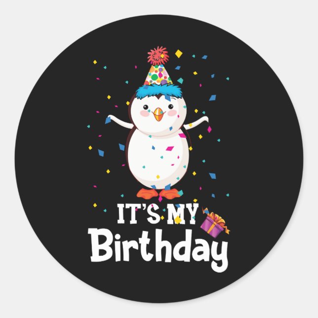 Pegatina Redonda Cumpleaños Pingüino Feliz Cumpleaños Para Mí (Anverso)