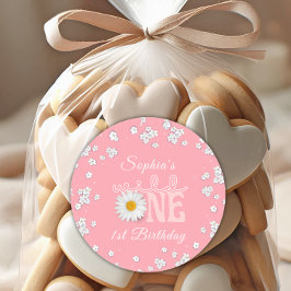 Pegatina Redonda Cumpleaños Pink Daisy Wild One 1er