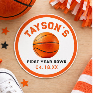 Pegatina Redonda Cumpleaños Primer Año de Baloncesto 1
