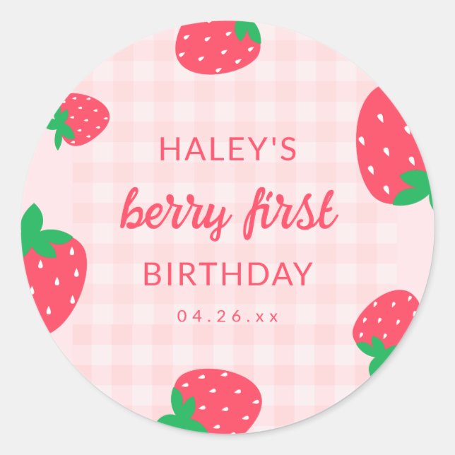 Pegatina Redonda Cumpleaños Primero 1er Bebe Fresa Fruta (Anverso)
