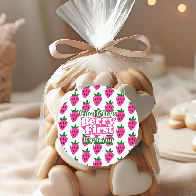 Pegatina Redonda Cumpleaños primero de Fresa Rosa  (Subido por el creador)