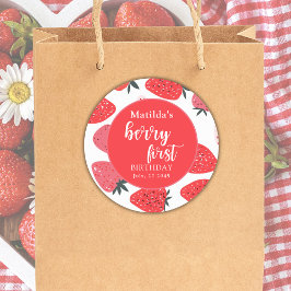 Pegatina Redonda Cumpleaños Rojo de la Primera Fresa de Berry