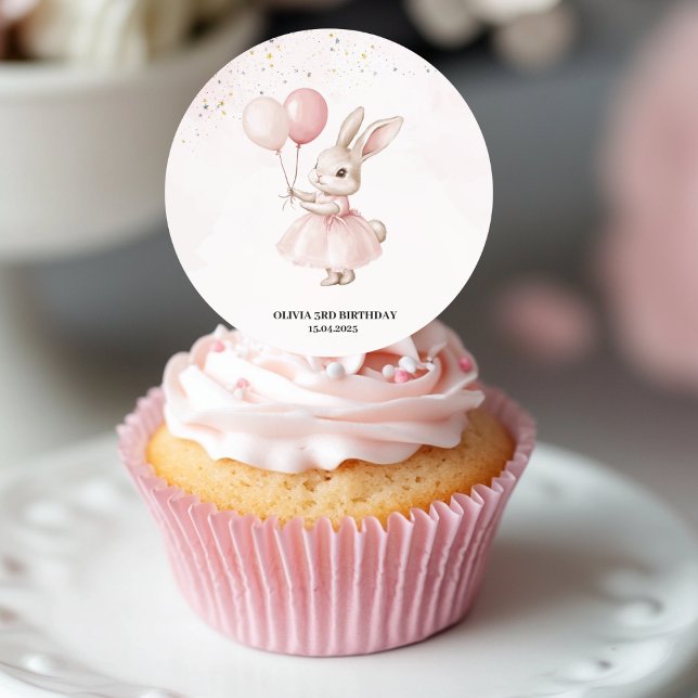 Pegatina Redonda Cumpleaños rosa Bunny Pastel (Subido por el creador)