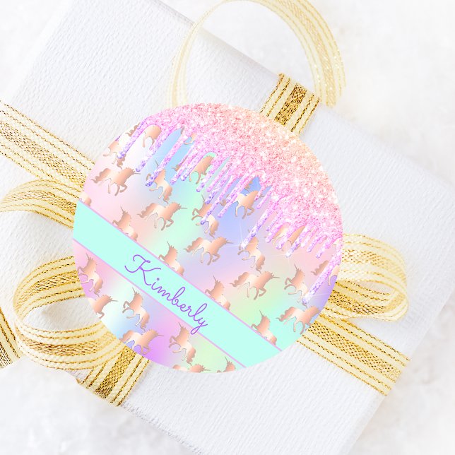 Pegatina Redonda Cumpleaños rosa oro rosa brillo unicornio (Subido por el creador)