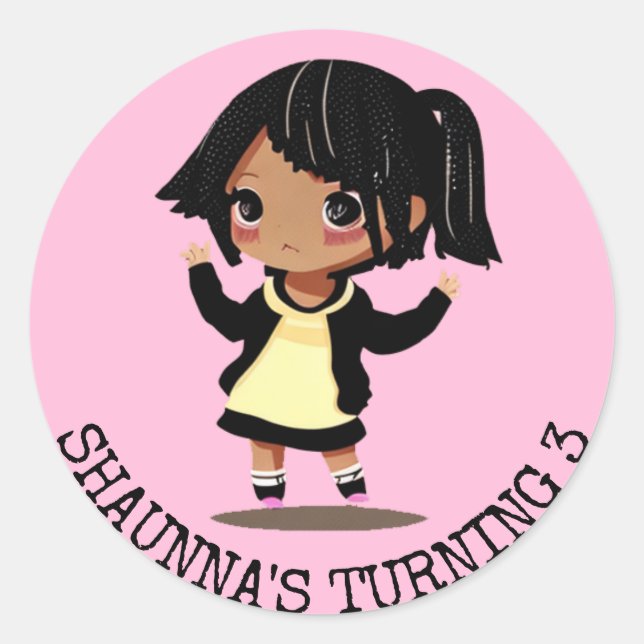 Pegatina Redonda Cumpleaños Rosa, Pequeño Chica Personalizado Perso (Anverso)