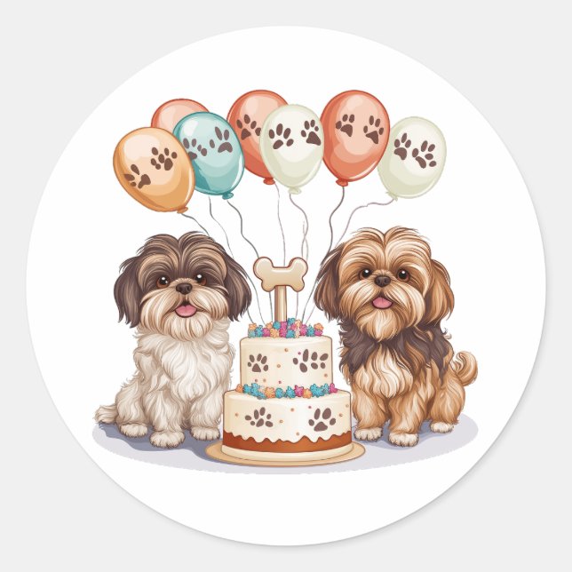 Pegatina Redonda Cumpleaños Shih Tzu Dogs Pastel de cumpleaños (Anverso)