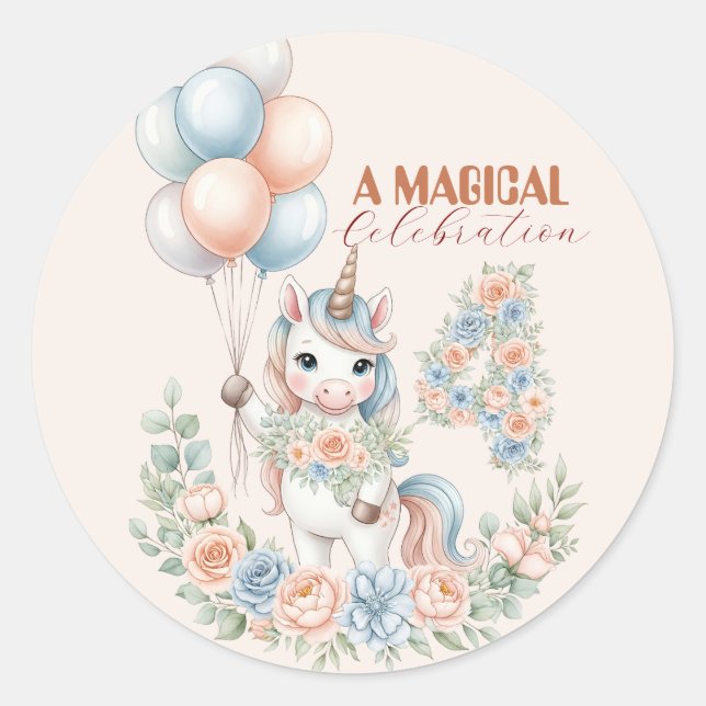 Pegatina Redonda Cumpleaños Sueños de Unicornio (Anverso)