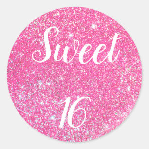 Pegatina Redonda Cumpleaños SWEET 16 Brillo Rosa Brillante Purpurin
