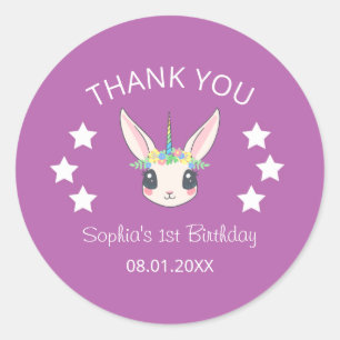 Pegatina Redonda Cumpleaños Tarjeta de Agradecimiento Unicornio Ros