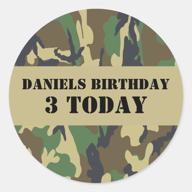 Pegatina Redonda Cumpleaños Temático del Ejército Camo (Anverso)