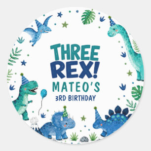 Pegatina Redonda Cumpleaños Tres Rex Dinosaurio Azul 3