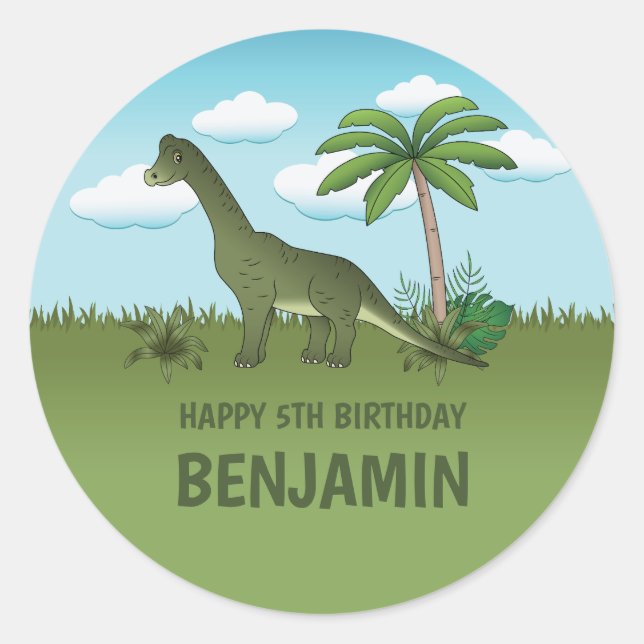 Pegatina Redonda Cumpleaños tropical de Brachiosaurus con nombre (Anverso)