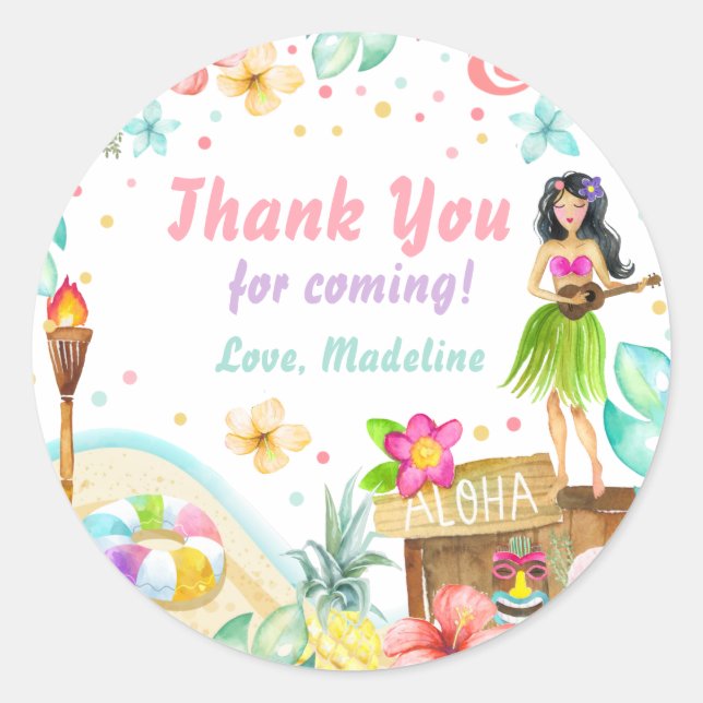 Pegatina Redonda Cumpleaños Tropical Fiesta en Piscina Luau Hawaian (Anverso)