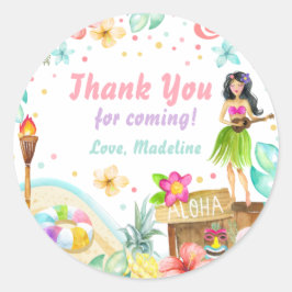 Pegatina Redonda Cumpleaños Tropical Luau Hawaiano Fiesta de Piscin