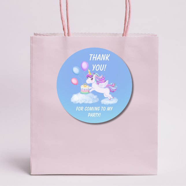 Pegatina Redonda Cumpleaños Unicornio de agradecimiento con pastel (Subido por el creador)