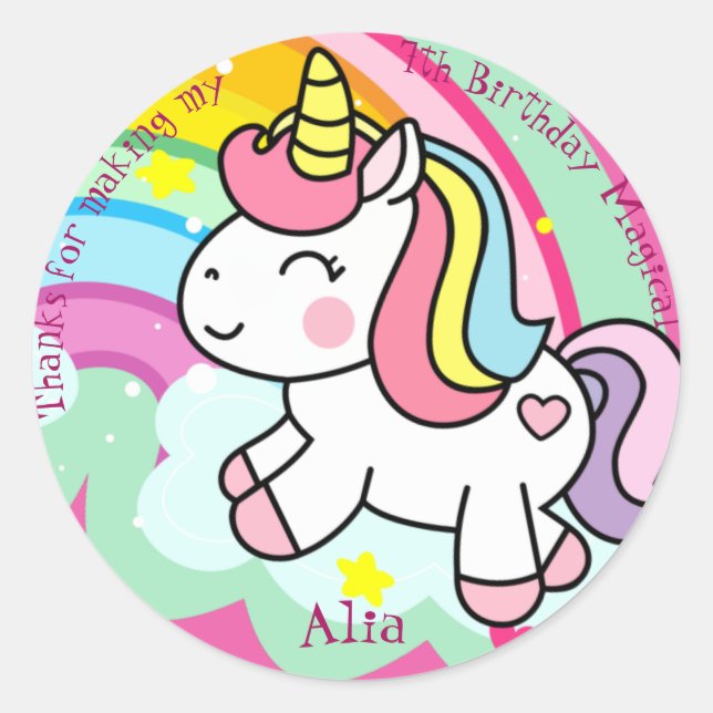 Pegatina Redonda Cumpleaños Unicornio personalizado (Anverso)