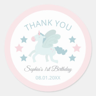 Pegatina Redonda Cumpleaños Unicornio Rosado Azul Gracias 