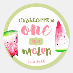Pegatina Redonda Cumpleaños Uno en un Melón Rosa verde lindo
