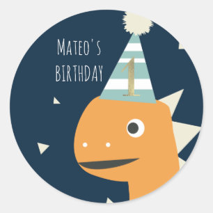 Pegatina Redonda Cumpleaños Uno Primer Dinosaurio Bonito Falso Oro