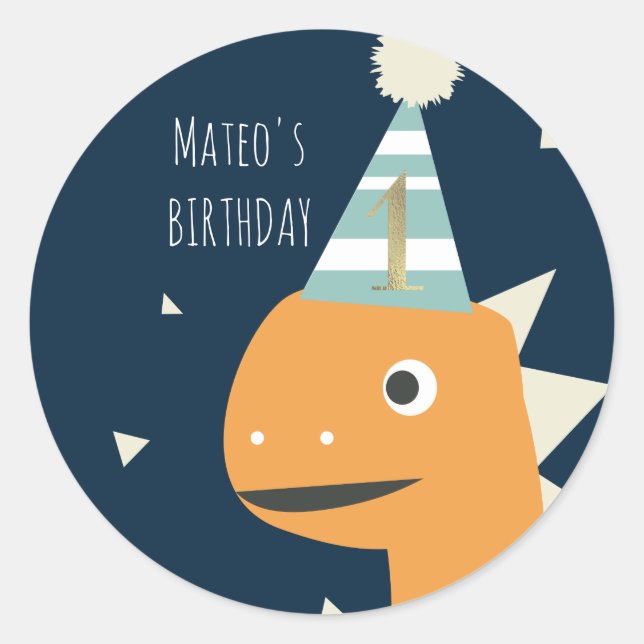 Pegatina Redonda Cumpleaños Uno Primer Dinosaurio Bonito Falso Oro (Anverso)