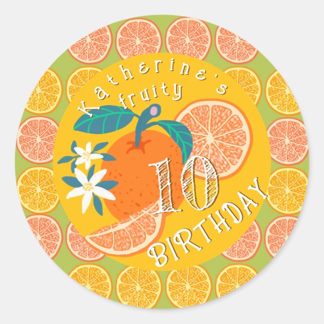 Pegatina Redonda Cumpleaños verde afrutado naranja (Anverso)