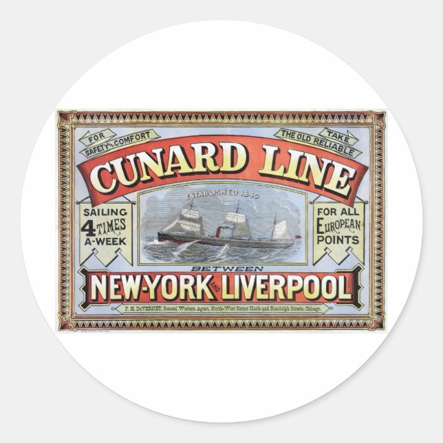 Pegatina Redonda Cunard Line New York Liverpool Poster (Anverso)