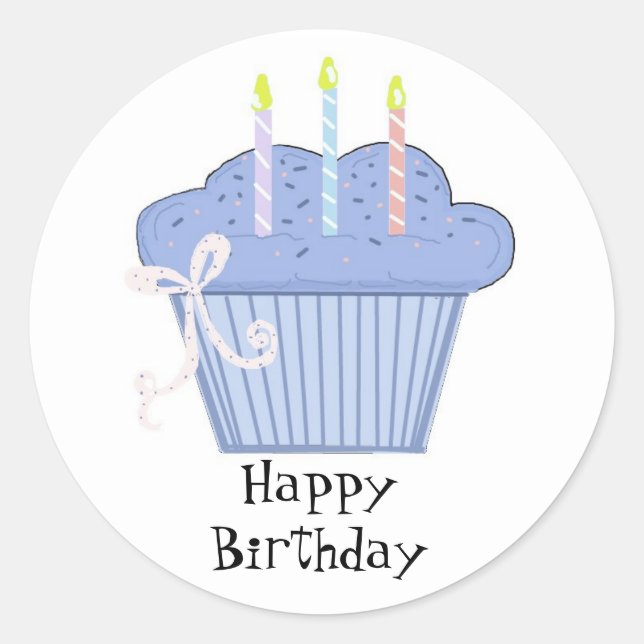 Pegatina Redonda Cupcake Azul con Velas de Cumpleaños (Anverso)