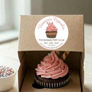 Pegatina Redonda Cupcake Brown con detalles de contacto