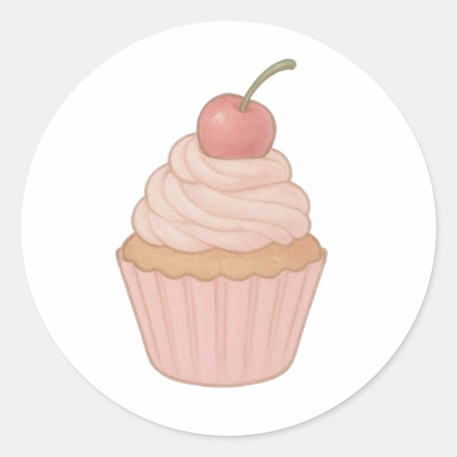 Pegatina Redonda Cupcake con crema batida y cereza (Anverso)