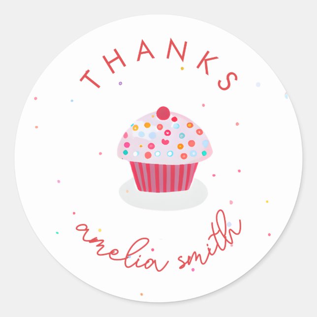 Pegatina Redonda Cupcake Cumpleaños Gracias Nombre Peronalizado (Anverso)