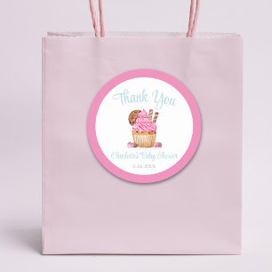 Pegatina Redonda Cupcake de acuarela rosa con agradecimiento de cho