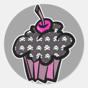 Pegatina Redonda cupcake de cráneo gótico con huesos cruzados