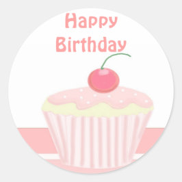 Pegatina Redonda Cupcake de cumpleaños rosa