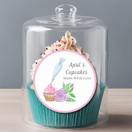 Pegatina Redonda Cupcake de glaseado al acuarela hecho con amor