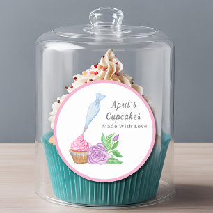 Pegatina Redonda Cupcake de glaseado al acuarela hecho con amor