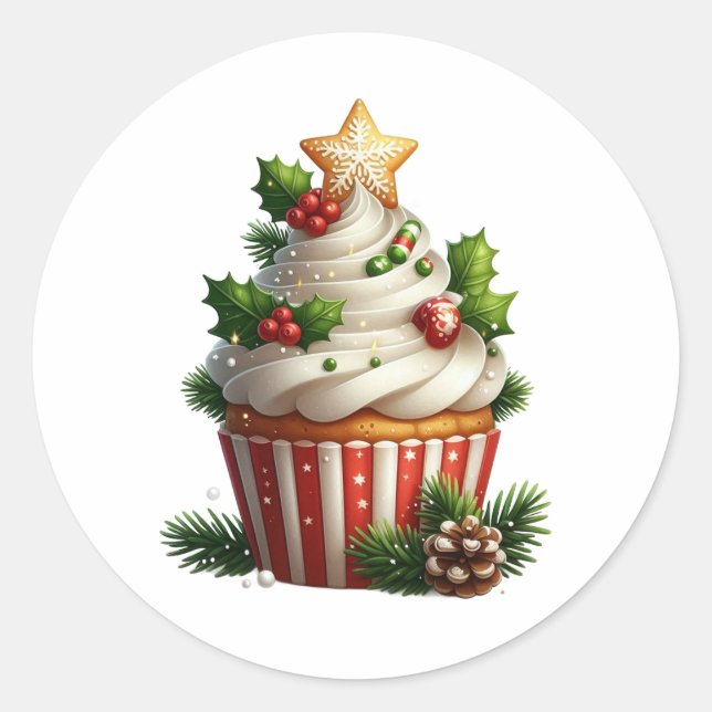 Pegatina Redonda Cupcake de Navidad Simple de Temporada (Anverso)