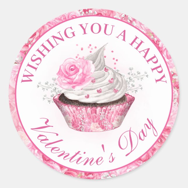 Pegatina Redonda Cupcake de San Valentín con flores rosadas en acua (Anverso)