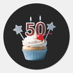 Pegatina Redonda Cupcake de velas encendidas por cumpleaños 50
