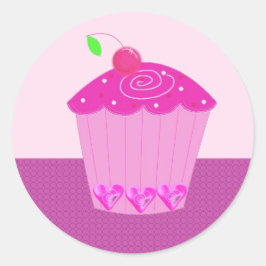 Pegatina Redonda Cupcake rosa con cereza encima