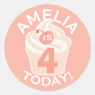 Pegatina Redonda Cupcake Rosa Personalizado Cumpleaños Cuarto o Cua